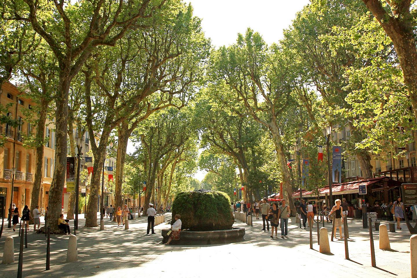 Cours Mirabeau in Aix-en-Provence with plane trees, pedestrians, and cafe terraces.