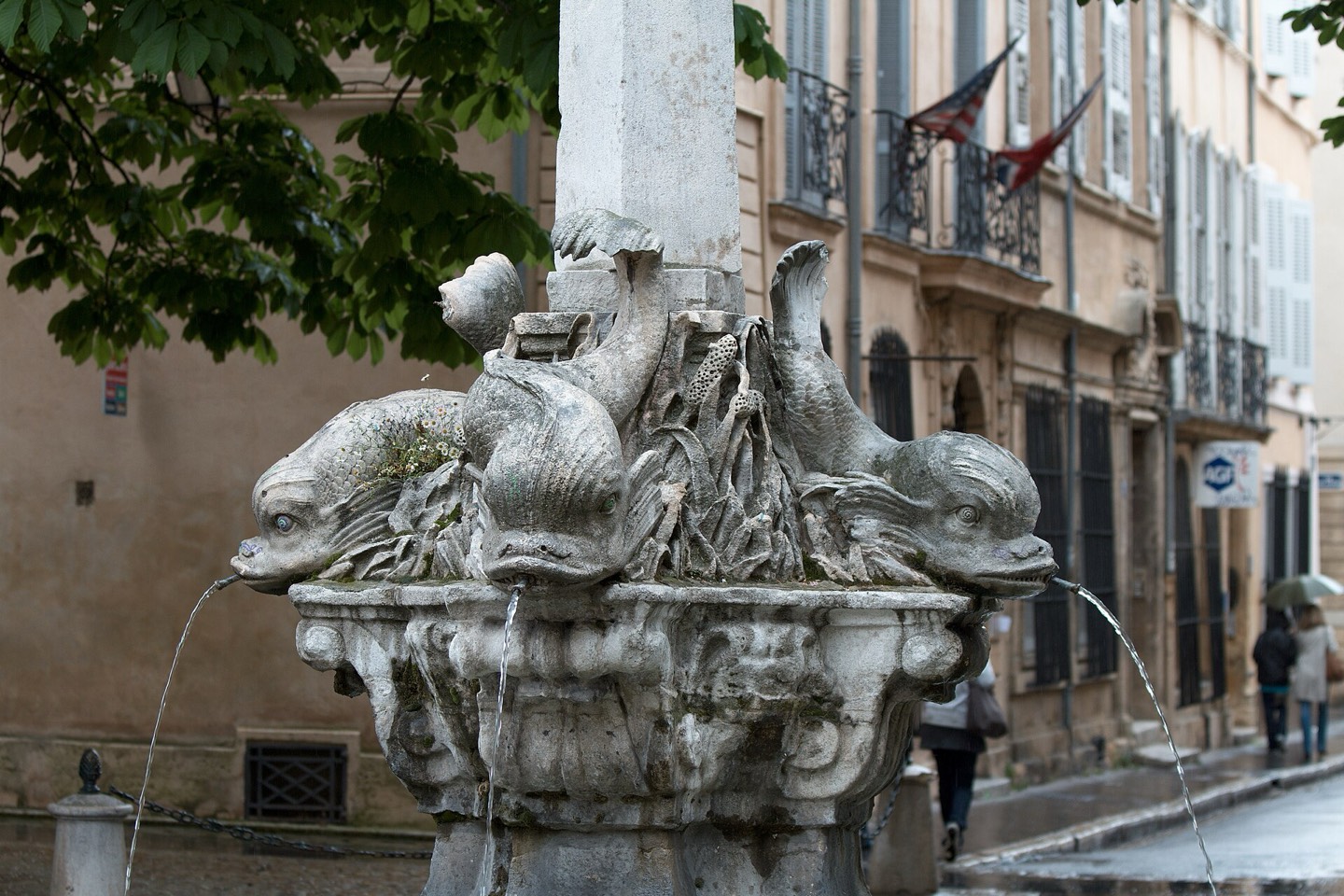 Fontaine des Quatre-Dauphins in Aix-en-Provence framed by stone buildings and trees.